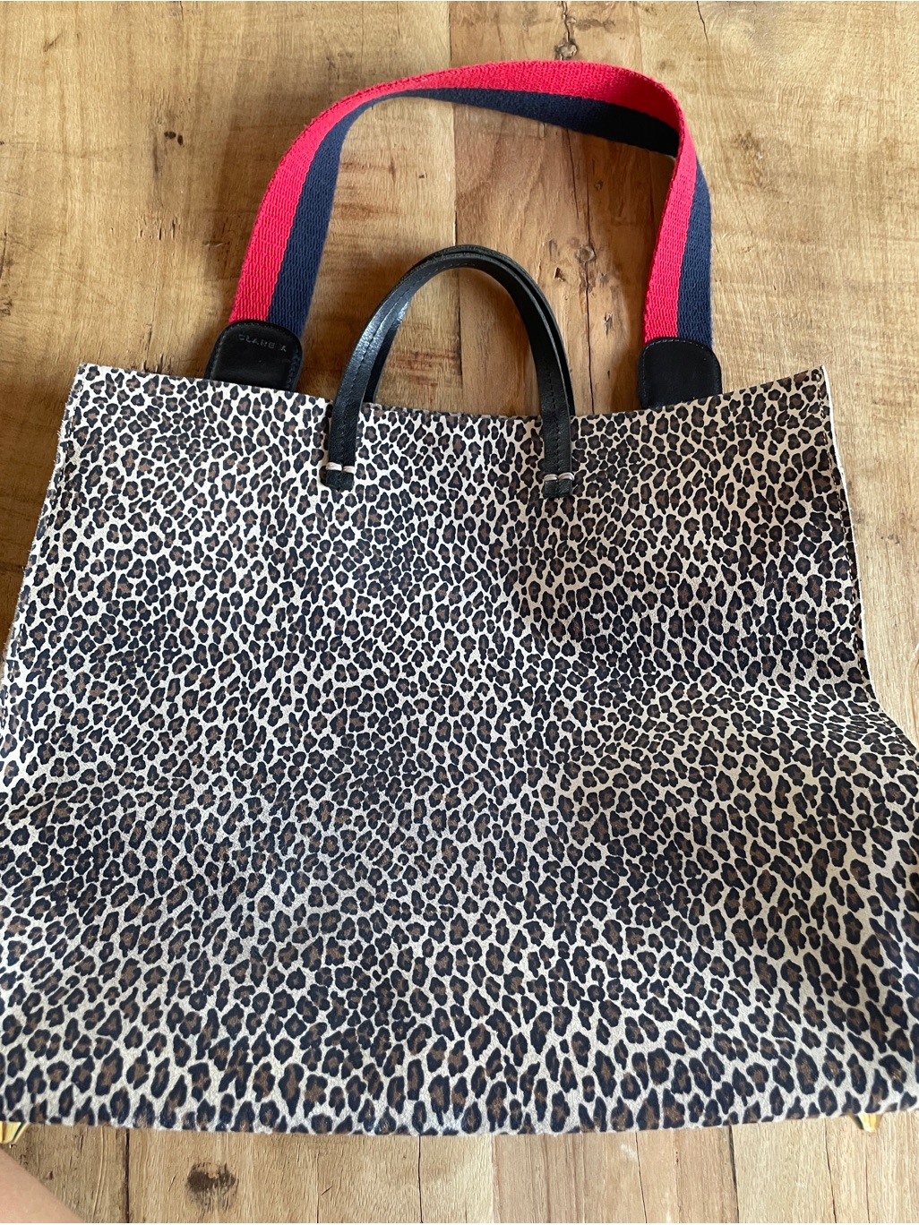 Clare V Simple Tote In Leopard Print Suede With Red And Blue Long Strap